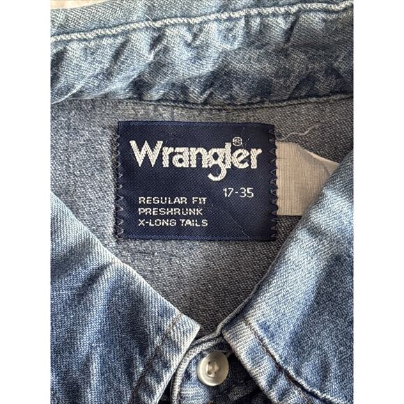 Vintage Wrangler Pearl Snap Button Down. Made In America, 17-35Neck XLong Tails - Picture 5 of 8
